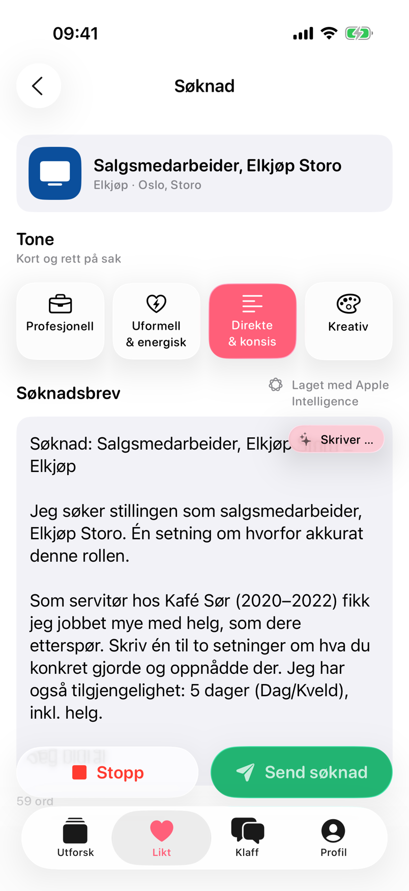 Søknadsbrev-utkast skrevet av Apple Intelligence